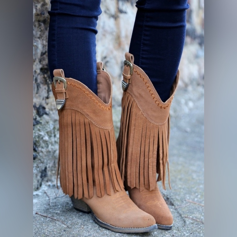 Very Volatile Hillside Fringe Western Boots Tan